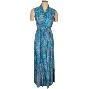 VTG 70s Psychedelic Paisley Maxi Dress Blue Purple Boho Hippie Festival XS
